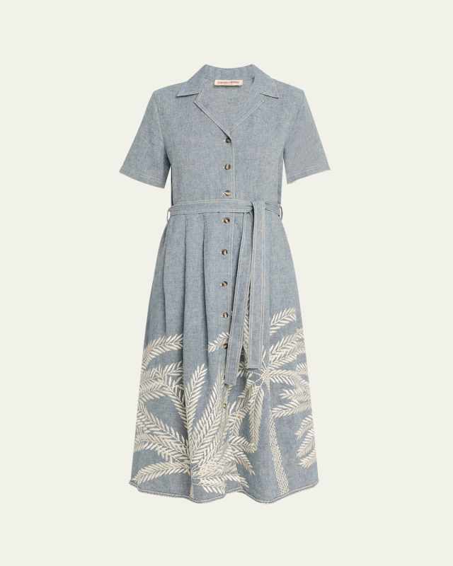 Claudia Palm-Embroidered Belted Midi Dress